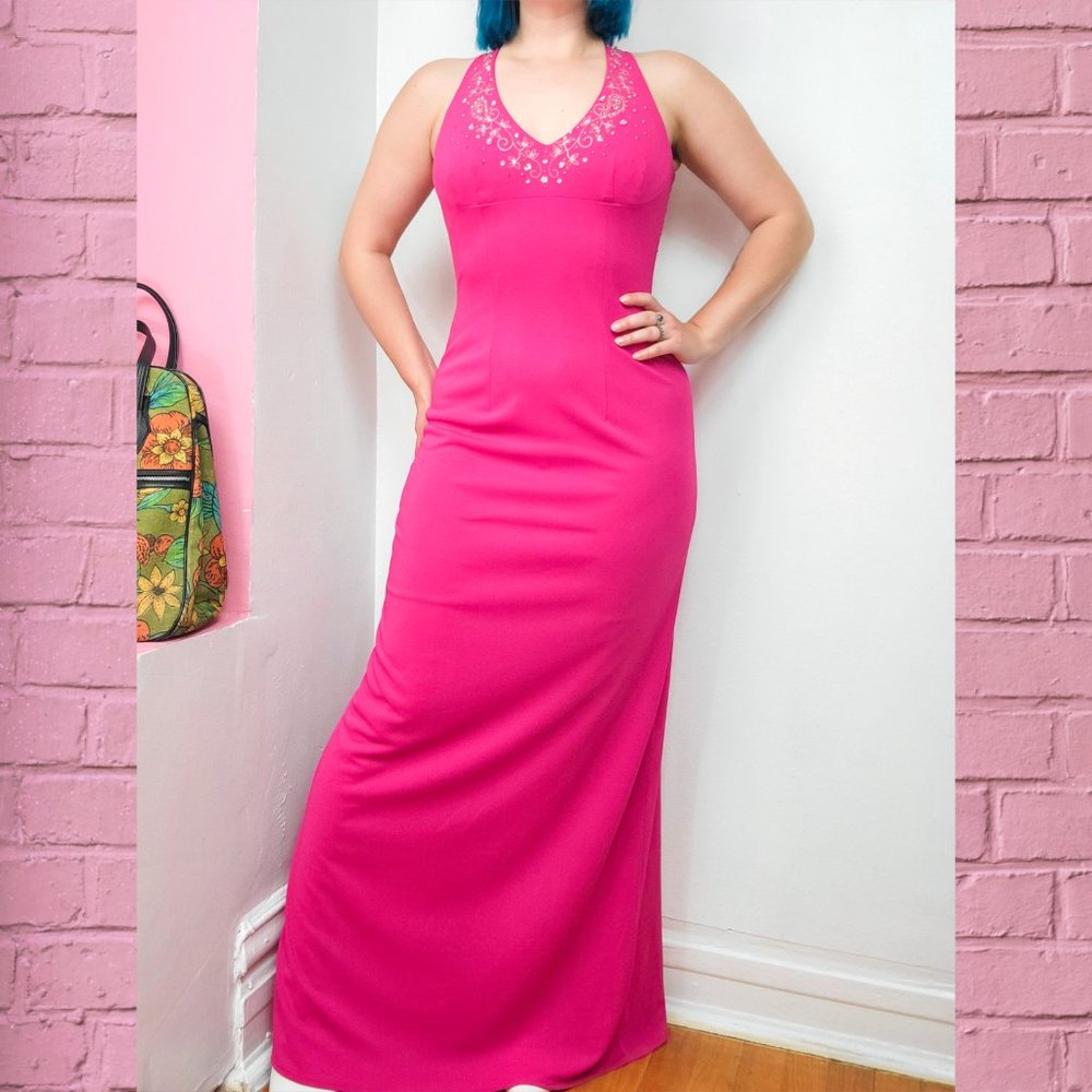 Vintage 90s Hot Pink Beaded Open Back Maxi Dress / Prom Dress / Formal Gown